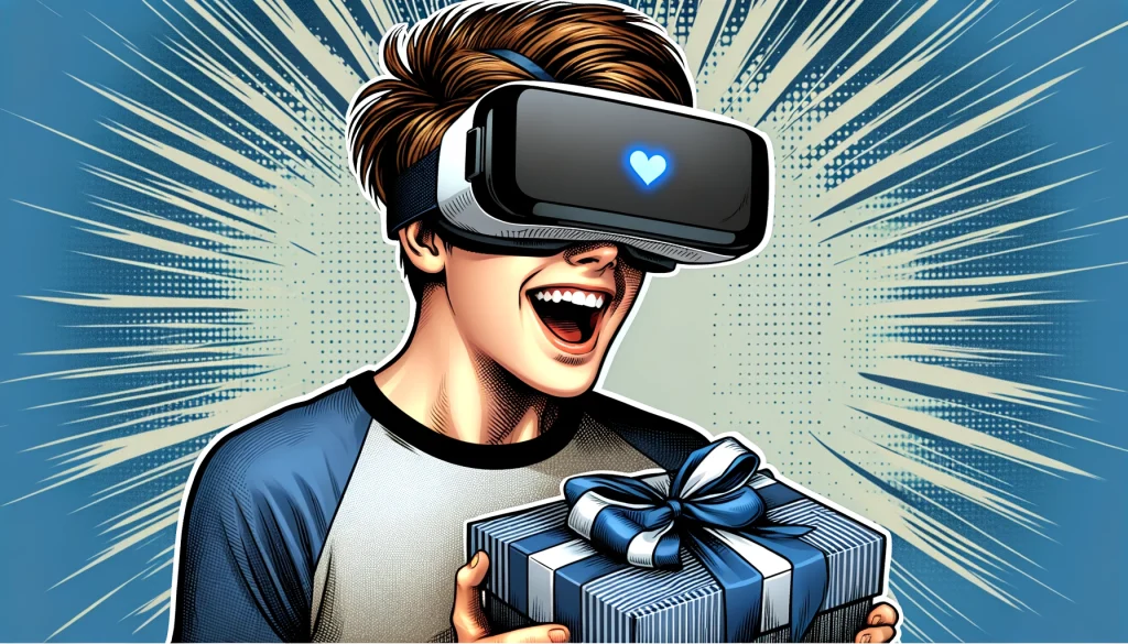 Dall·e 2024 02 29 11.19.42 A Realistic Comic Style Illustration Depicting A Teenage Boy Wearing A Vr Headset Extremely Happy About Receiving A Gift. The Image Should Capture Th.webp.webp