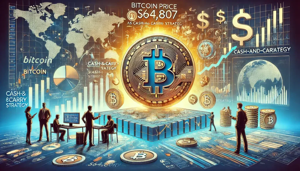 Dall·e 2024 06 20 05.33.22 An Image Illustrating The Topic Bitcoin Price Stalls At 64807 As Cash And Carry Strategy Dominates Market. The Scene Shows A Digital Representatio.webp.webp